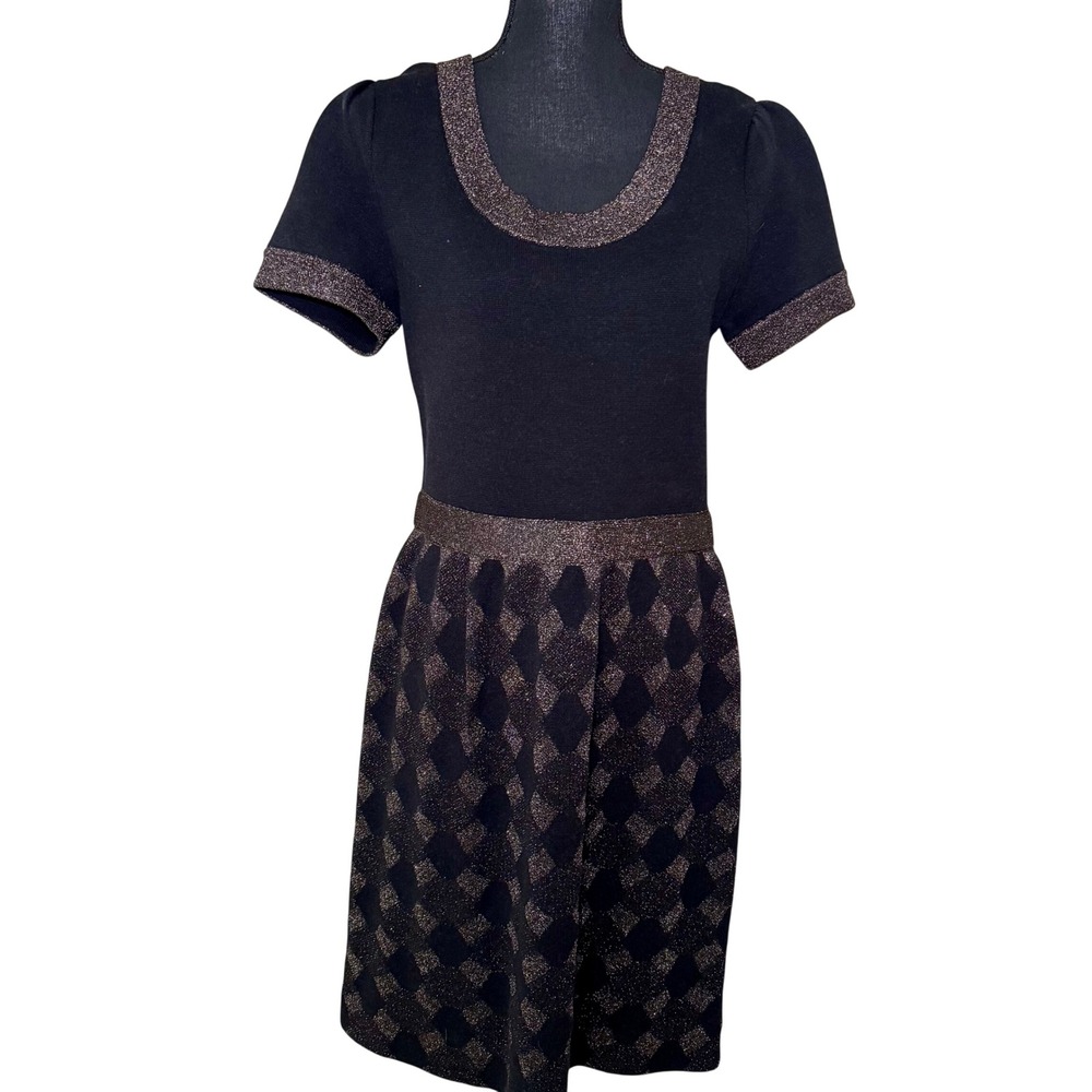 Kate Spade Black Wool Silk Metallic Harlequin Diamond‎ Sweater Dress Small - Picture 6 of 6